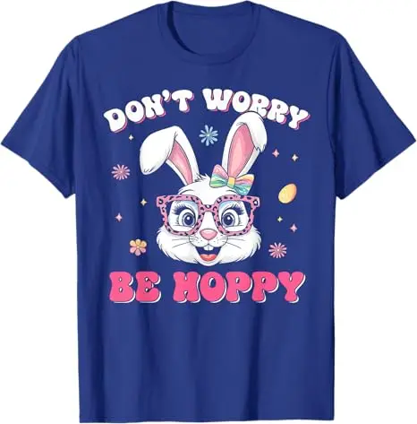 Happy Easter Groovy Bunny Face Don't Worry Be Hoppy Women T-Shirt Women's Fashion Rabbit Graphic Outfit Saying Tee Novelty Gift