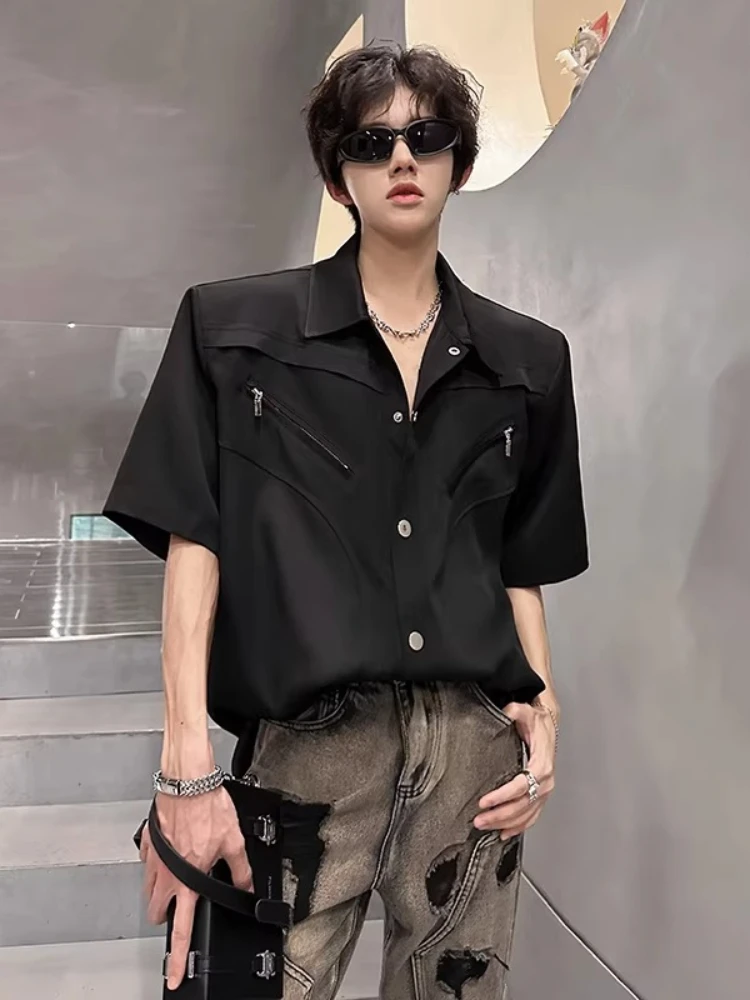 Men's Summer Padded Deconstruction Zipper Oversized Shirt Oversized Cleanfit Niche Design Stylish Short Sleeve Casual Shirt Top