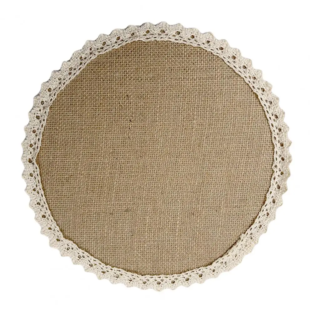 Tapete de comedor de lino, manteles individuales de mesa de yute recortados con encaje rústico, conjunto con borde festoneado, posavasos de fibra Natural, arpillera tejida para comedor