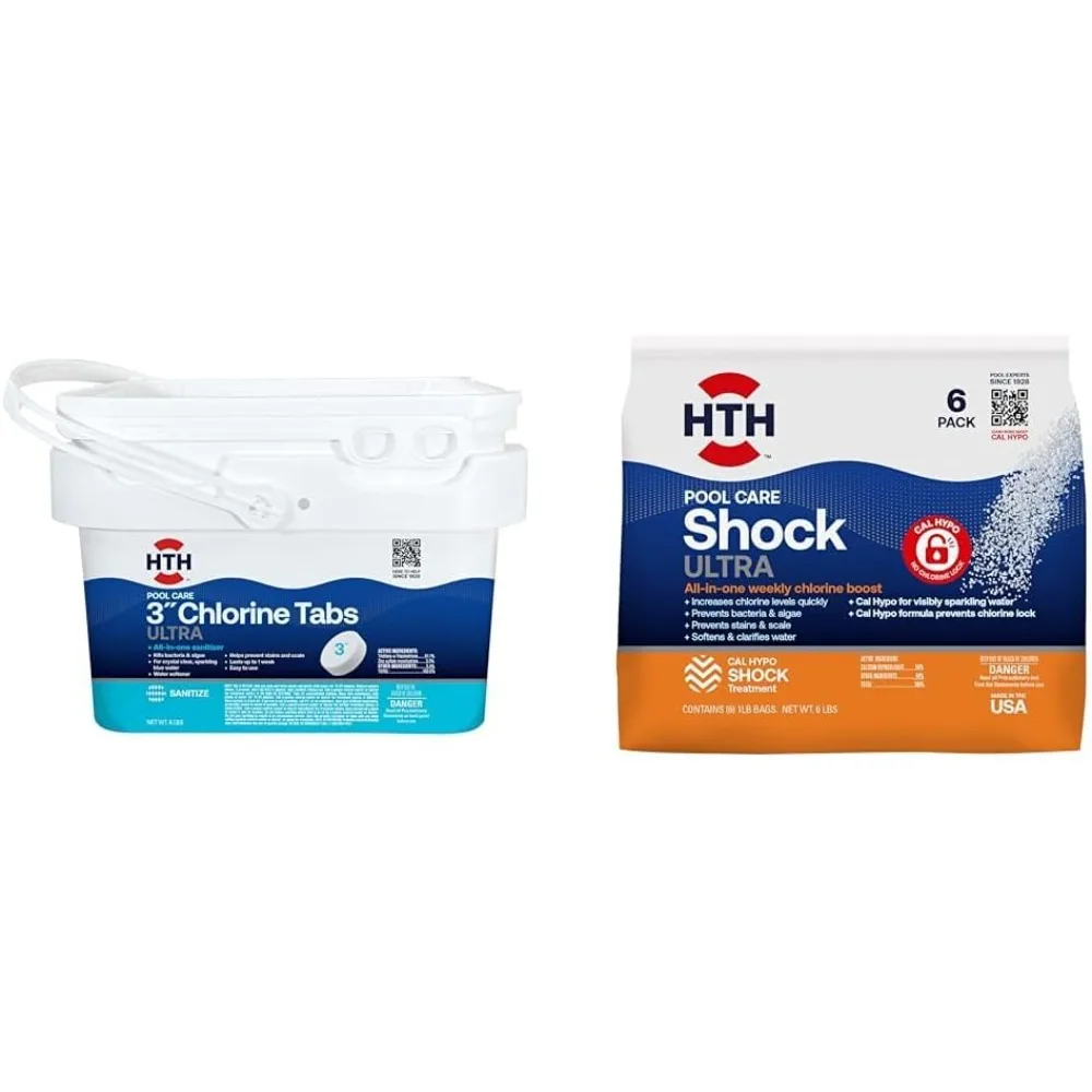 42056W 8lb Cuidado de la piscina 3" Pestañas de cloro Ultra y HTH 52040B Paquete de 6 1 lb Cuidado de la piscina Shock Ultra