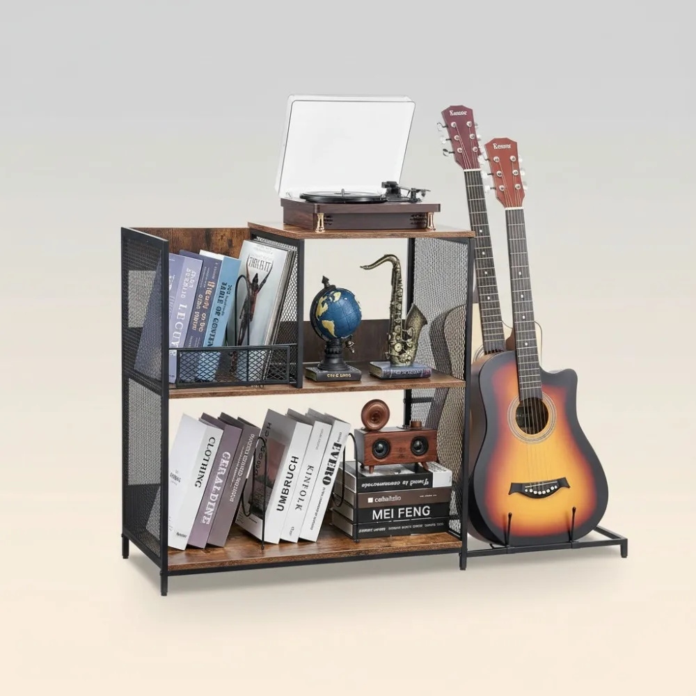 

3-Tier Vinyl Record Stand with Guitar Holder, Metal Storage Cabinet for 300 Albums, Turntable Shelf for Living Room