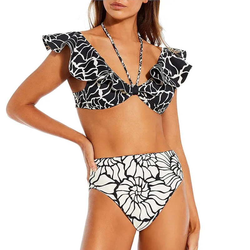 One-piece Women Swimwear Double Sided Ruffle Edge Print print Swimsuit Bikini Set Beach Vacation  Style Wear Maxi Dress Skirt