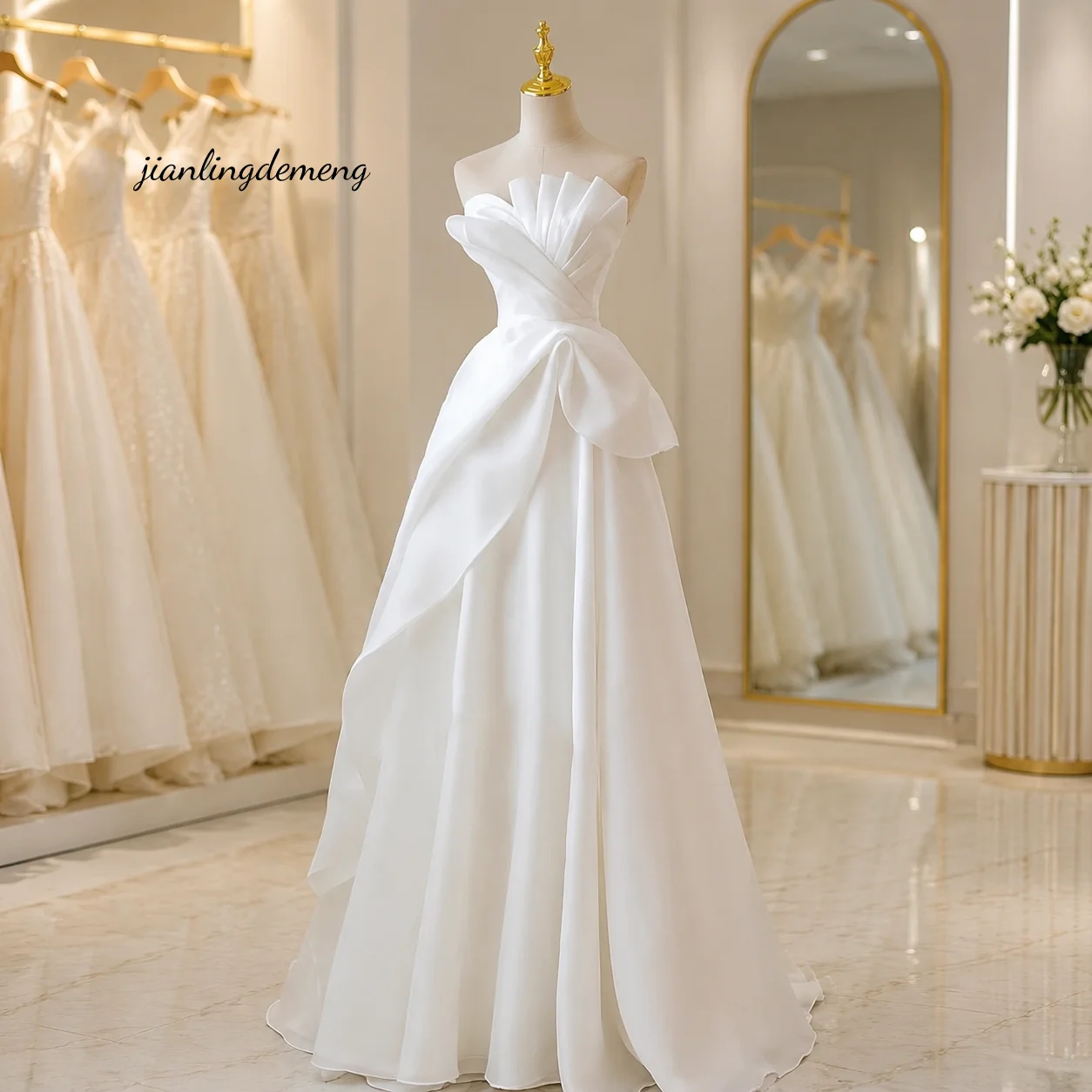 Minimalist Elegant Ivory Satin Wedding Dress A Line Floor Strapless Fold V Bust Big Draped Bow Civil Bridal Gown Customized