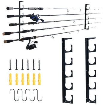 Goture Fishing 5 Rod ผู้ถือโลหะได้ถึง 5 แท่งแนวนอนบนผนังป้องกัน Storage POLE Rack เครื่องมือตกปลาอุปกรณ์จัดเก็บข้อมูล
