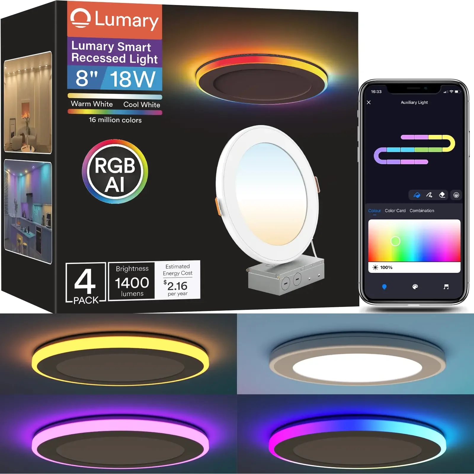 

Lumary-Smart Recessed Lighting with Gradient Accent Light, 8 ", 18W, 1400lm, Wi-Fi, LED Lights, Smar