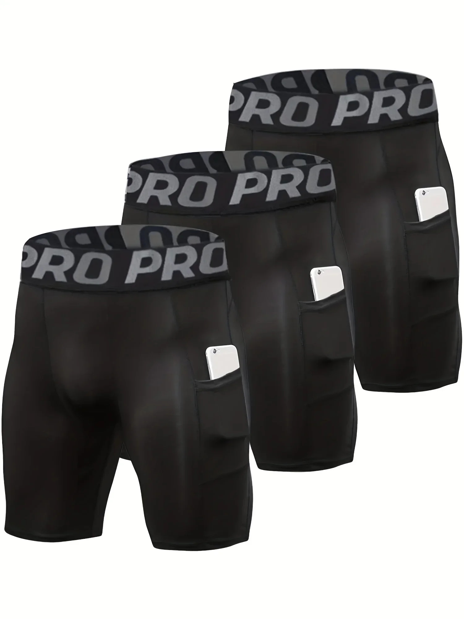 3 Pack Compression Shorts Men Pocket Spandex Running Shorts Sport Athletic Workout Performance Underwear Elastic tight shorts