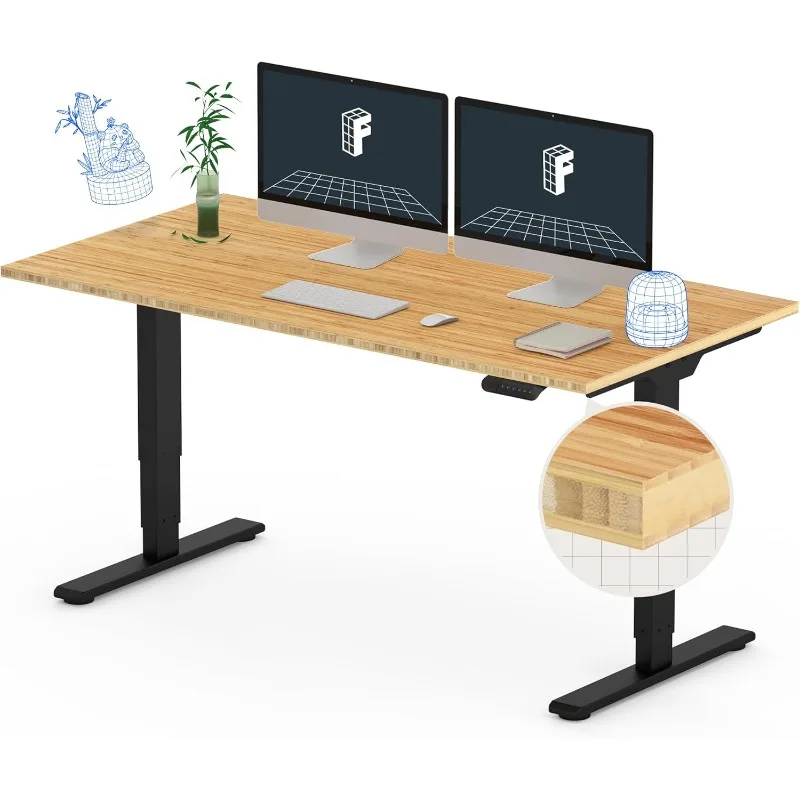 Bamboo 3 Stages Dual Motor  Standing Desk 55x28 Inches Whole-Piece Desk Board (Black Frame + Bamboo Desktop)