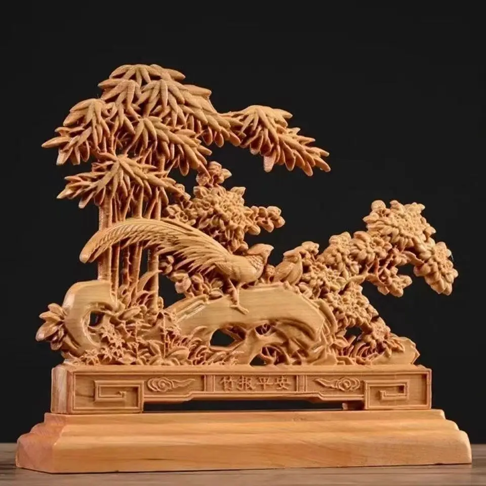 Cypress wood  Chinese Bamboo & Peace Bird Feng Shui Decor, Handmade Solid Wood Sculpture for Home Office Desk, Lucky Ornament