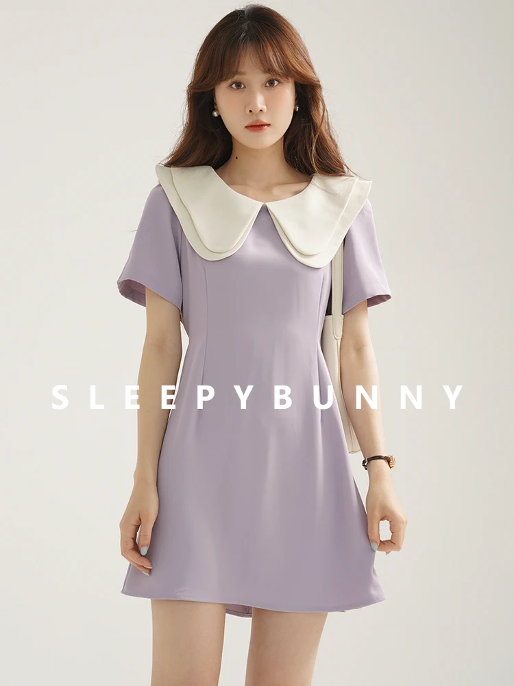 

Elegant Peter Pan Collar A-Line Dress Women Summer Short Sleeve French Style Slim Waist Purple Mini Dress for Petite Ladies