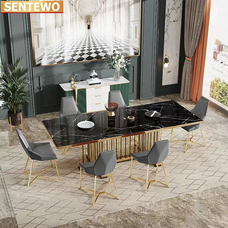 SENTEWO Ltalian Luxury Marble Dining Table Dinning Chair Set Stainless Steel Golden Plating Frame Home Furniture Basse Marbre