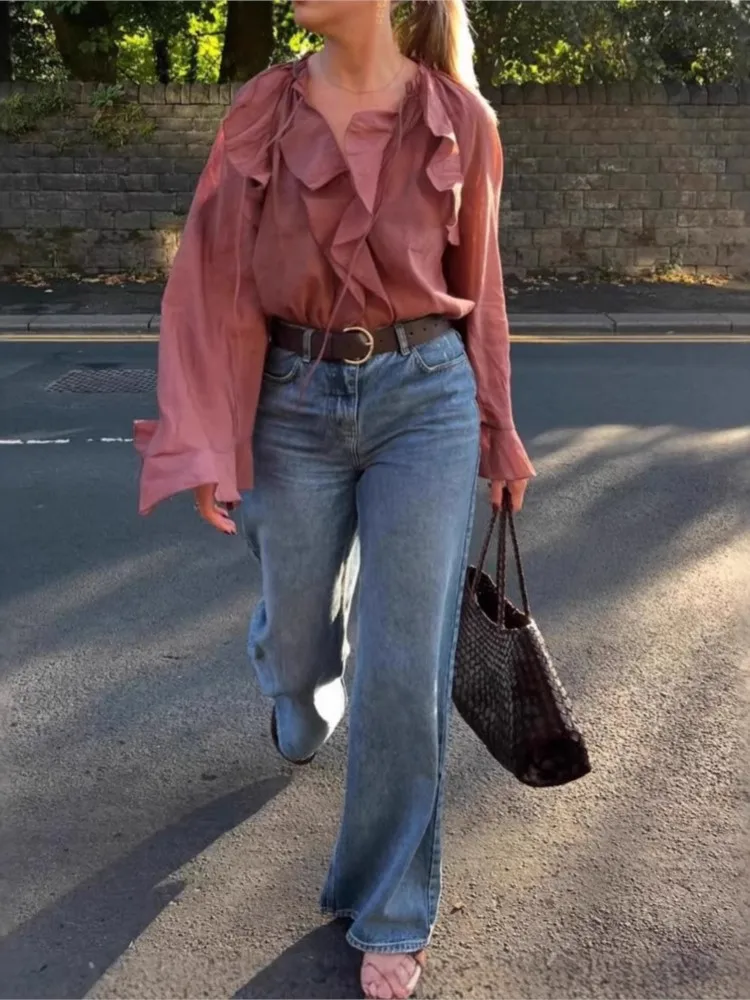 

Summer New Wine Red Lace Up Ruffles Women Shirt Temperament Casual Semi-Transparent V Neck Long Sleeve Versatile Top For Women