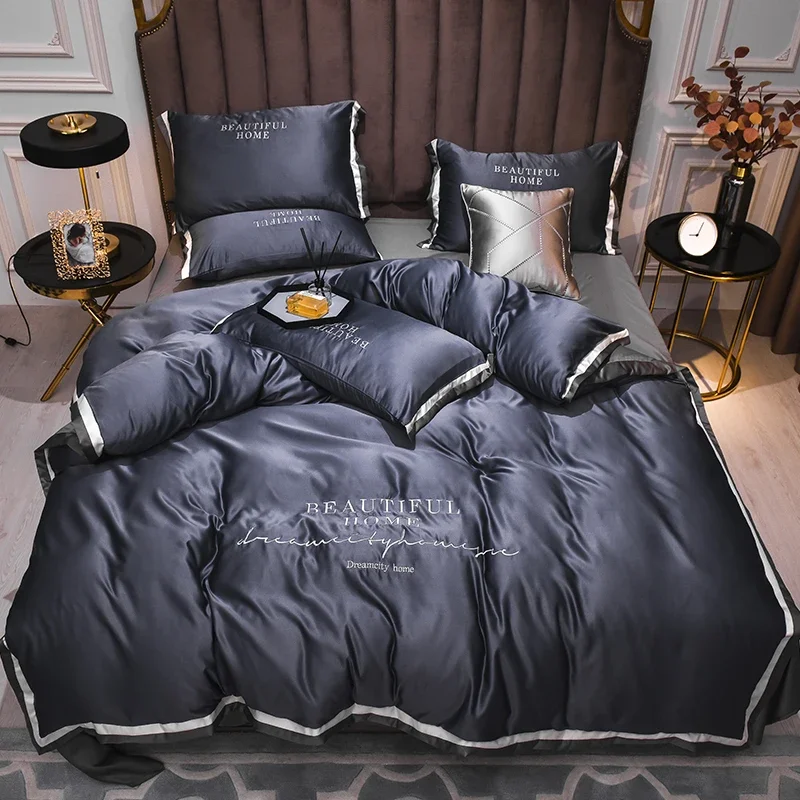 

Luxury Bedding Sets Pink Grey White Rayon Embroidery Sheet Quilt Pillowcase Comfortable Soft Fluffy Bedding King Queen 4pcs