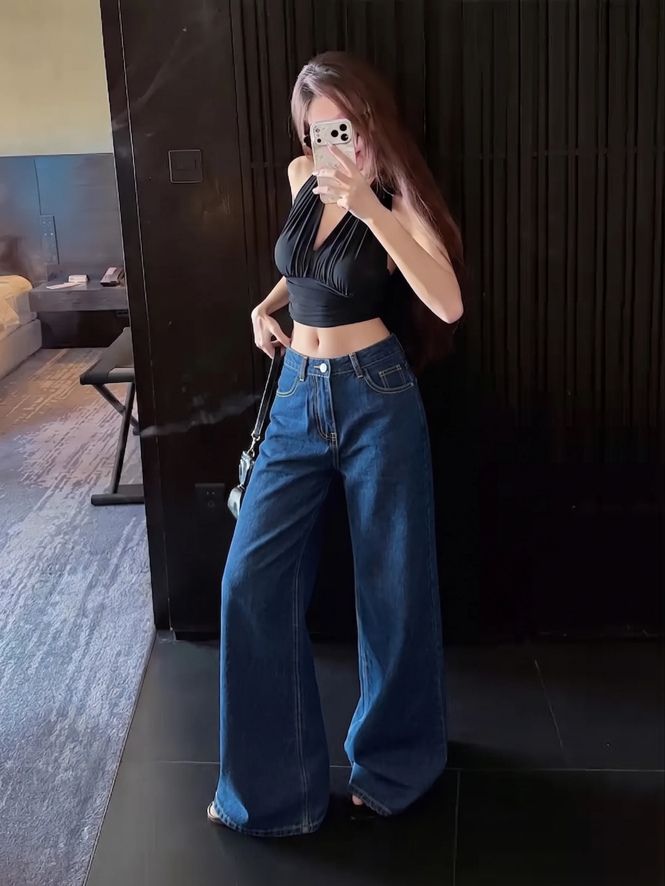 American Style High Waist Denim Jeans Women's Summer New Loose Wide Leg Straight Casual Versatile Slimming Long Pants