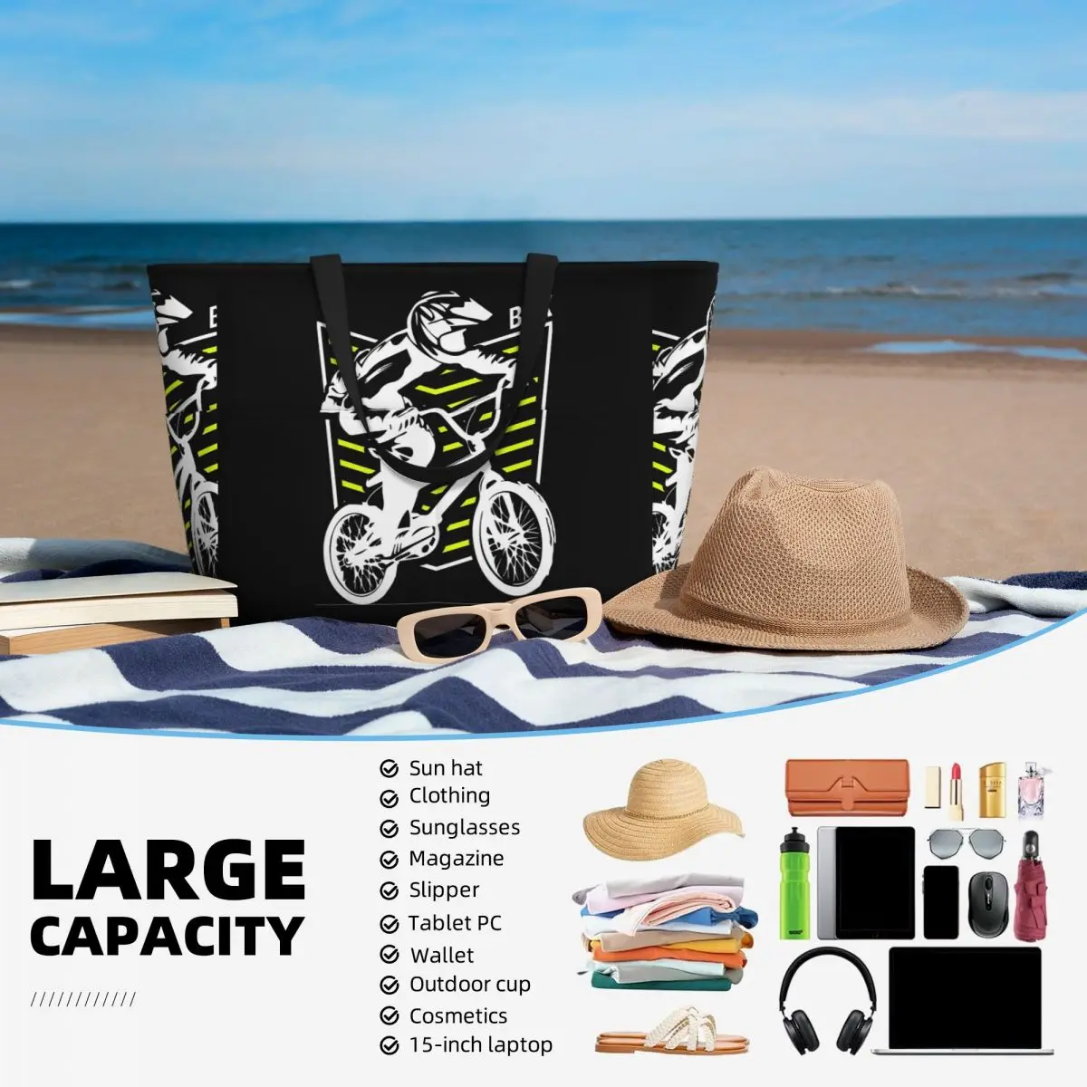 Bmx Apparel Retro Bmx Bike Old School Patch Beach Tote Bag Sport Gym Yoga Borsone Borsa tote grande Borsa da viaggio da donna Borsa fitness