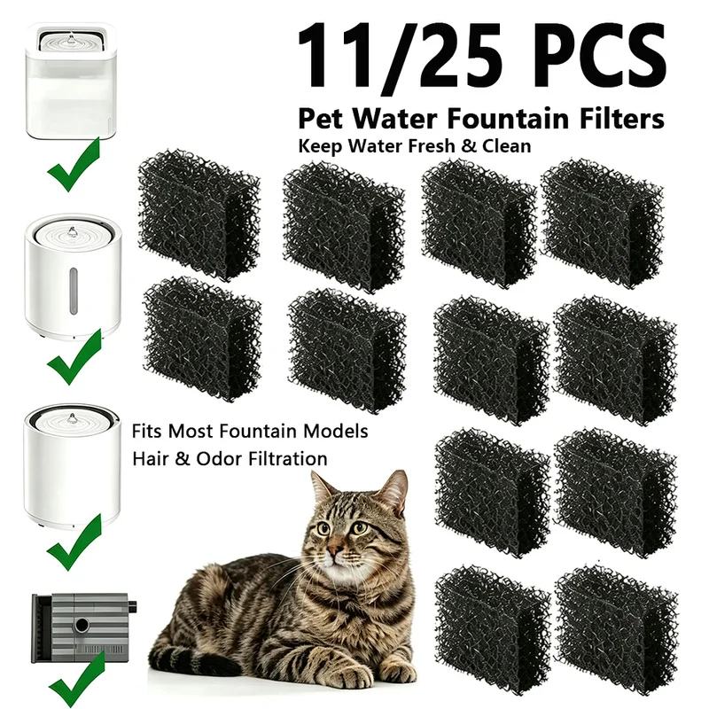 11/25Pcs Cat Water Fountain Replacement Filter Sponge, Activated Carbon Foam For Stainless Steel Pet Dog Water Dispenser