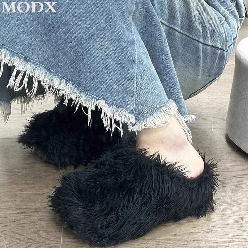 Spicy Girls Black Plush Shoes Women Outdoor 2024 Autumn Winter Non-slip Thick Bottom Closed Toe Half Slippers Fashion Flip-flops