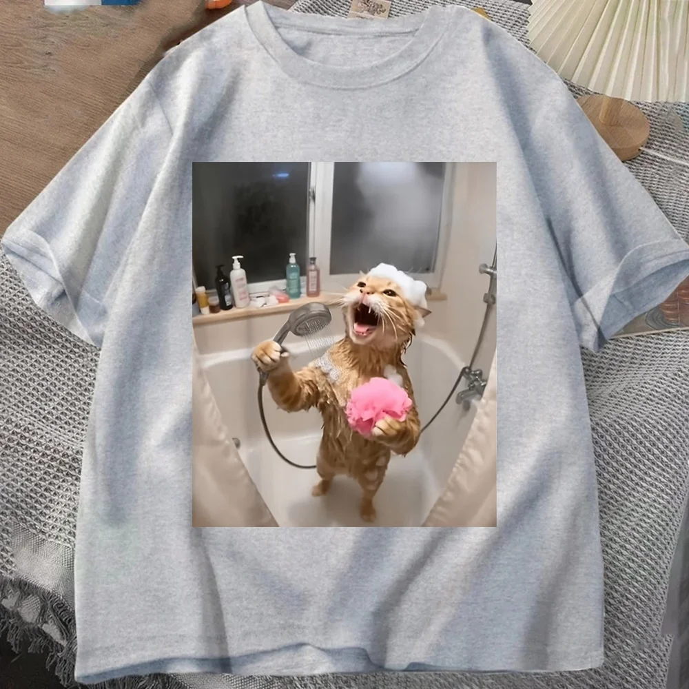 Funny Singing Cat Shower Cartoon Graphic Vintage Men'S T-Shirt Casual Tshirts O-neck short-sleeved Tee Tops Streetwear Oversized
