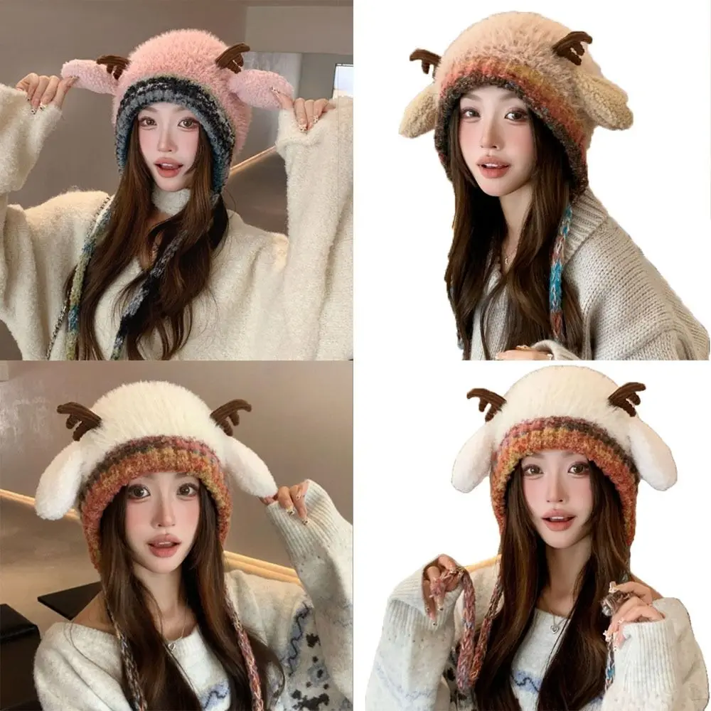 Fur Deer Storage Hat Windproof Ear Protection Festival Christmas Antler Hat Elastic Adjustable Knitted Deer Antler Hat Winter