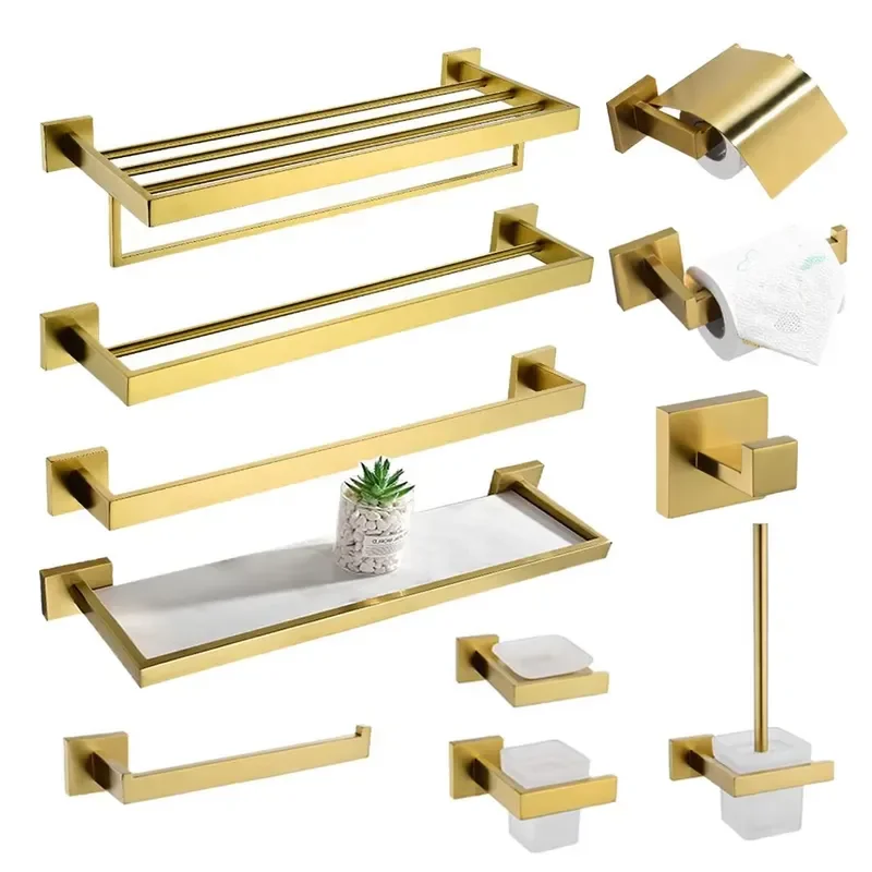 Luxury Modern Bathroom Accessories Set 8 Piece Eco Friendly Boxed Kit with Rack and Bracket Wall Mounted Hardware