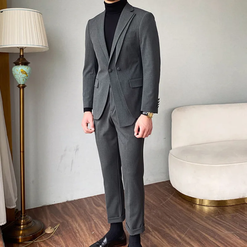 Luxury Business Suits For Men Stitching Double Collar Formal Casual Dress Suits 2 Pieces Elegant Slim Costume Homme Double Vent