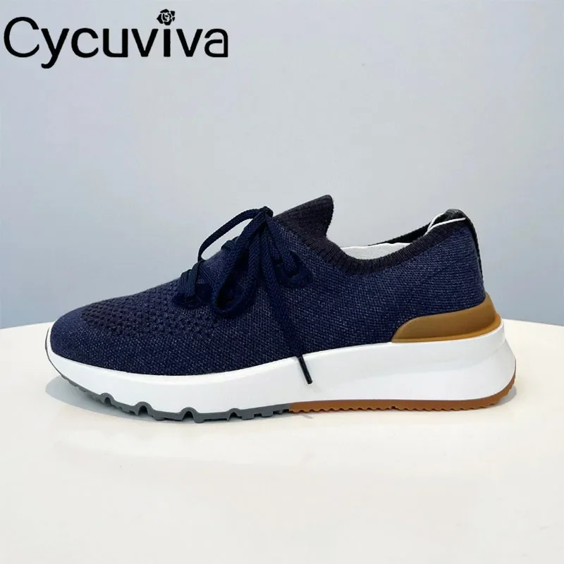 New Hot Sale Knitted Lace Up Flat Shoes Men Thick Sole Breathable Mesh Casual Sneakers Male Autumn Comfort Flat Walk Shoes Men