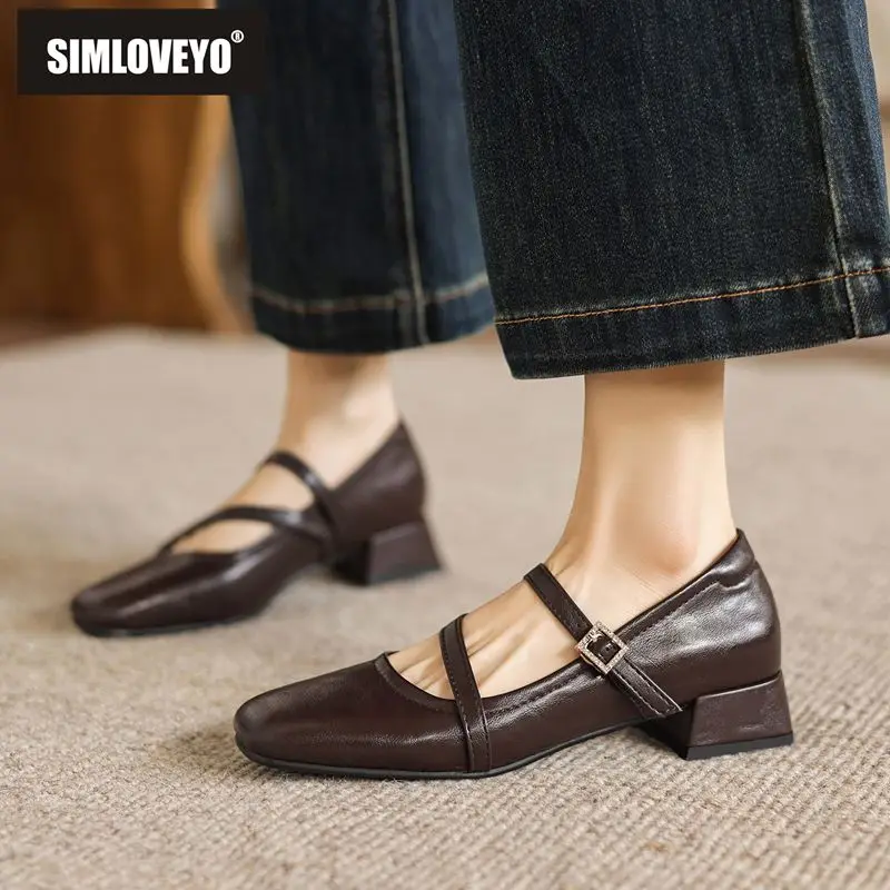 

Женские туфли-балетки SIMLVOEYO (Корея) с квадратным носком и ремешком на пряжке, модель Мэри Джейн, большие размеры 41, 42, 43, ручная работа, для свиданий