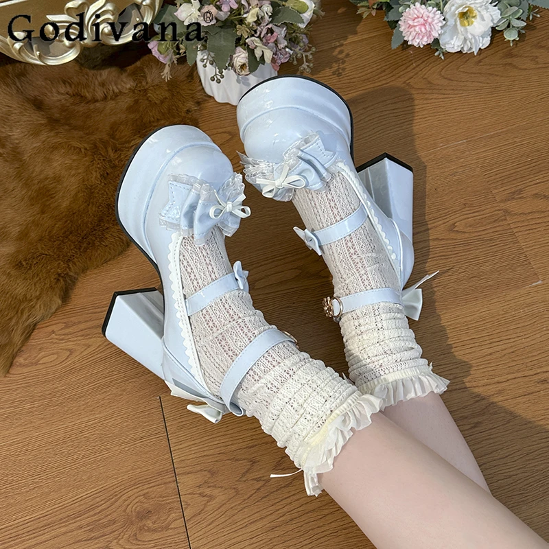 Lolita Sweet Bow Lace New Shoes for Women Mary Jane Cute Japanese Style Shoes Female Autumn High Heel Leather Solid Shoes
