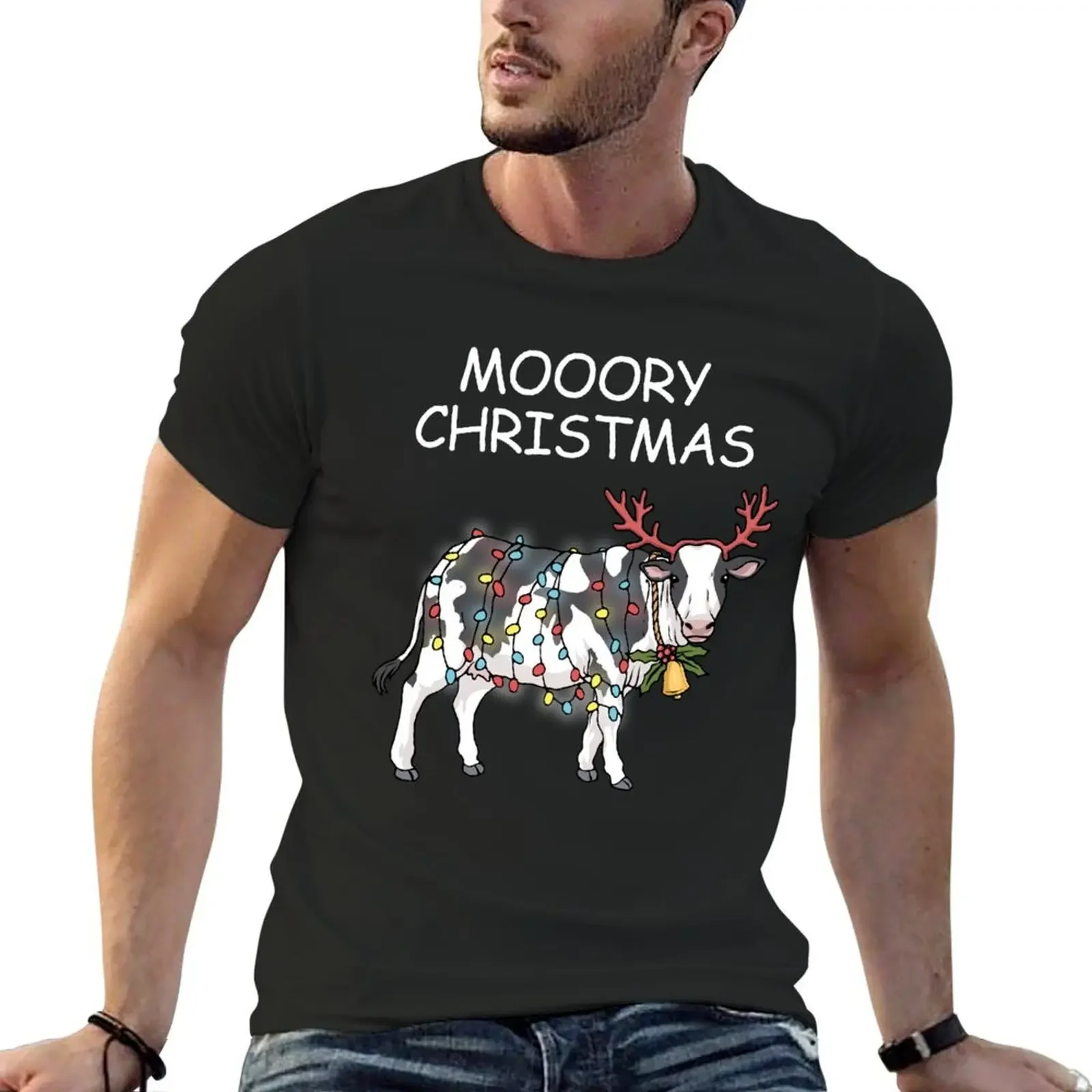 Merry Christmas Cow Moory Lights Reindeer Cow Moo T-Shirt funny shirt cotton man clothes men graphic t shirts