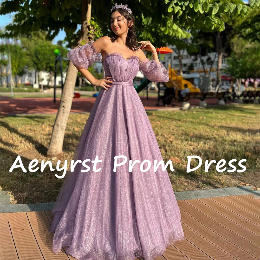 Aenyrst-Purple Querida Puff mangas Prom Dresses, A Line Organza, Split Evening Gowns, até o chão, elegante Birthday Party Dress