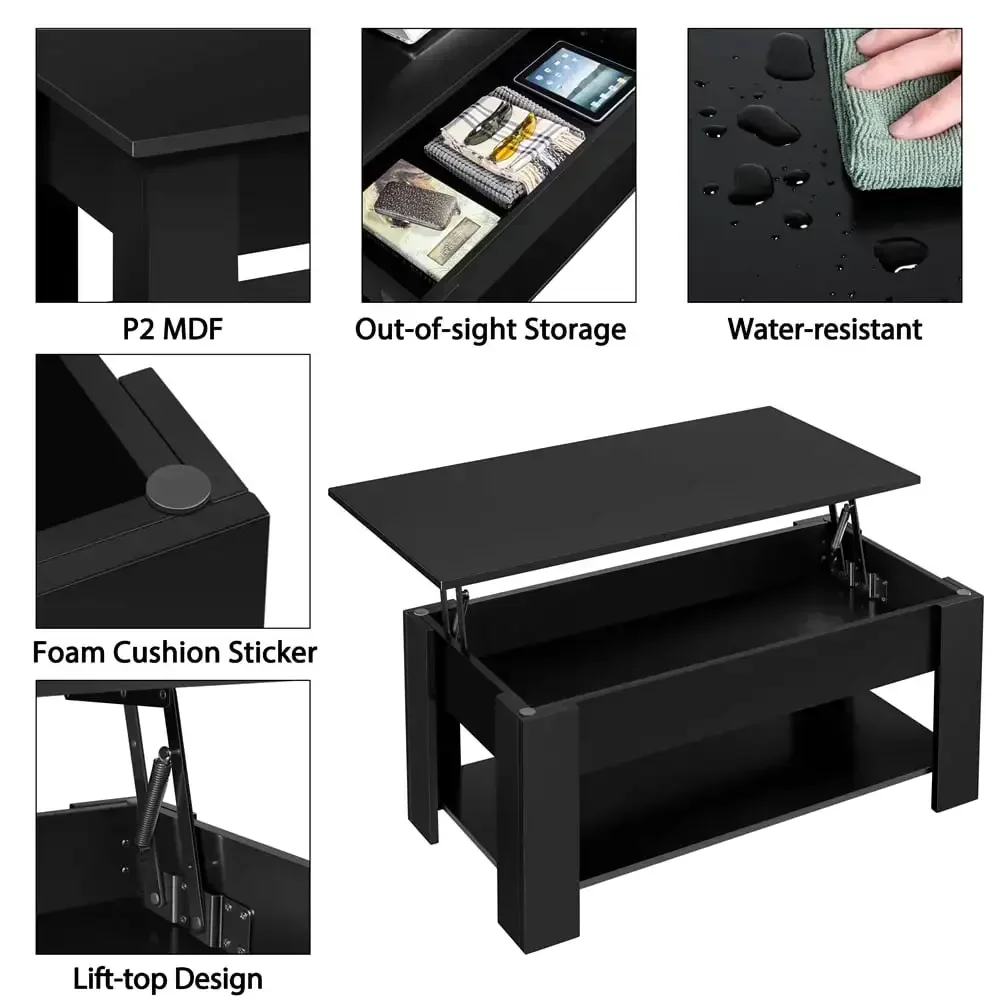 Modern 39in Lift Top Coffee Table with Hidden Compartment & Storage for Livingroom, Black