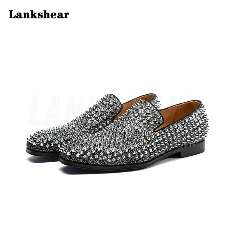 Men Bling Bling Silver Rivets Slip-On Loafers Sneakers Shining Fluorescent Studs Flat Loafers Casual Comfortable Shoe Flat Shoes