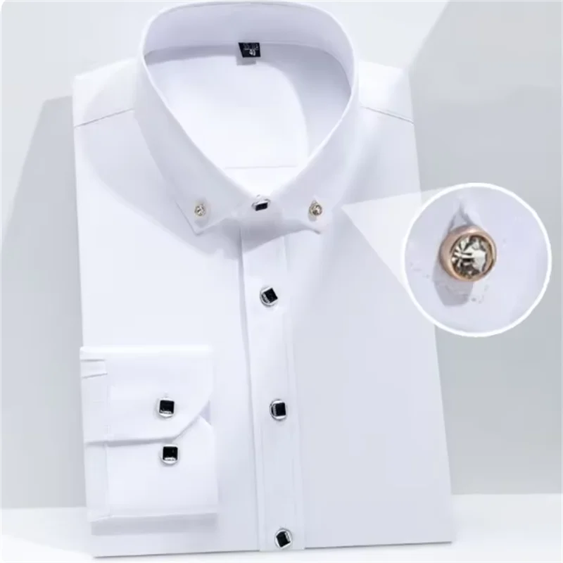 Spring Autumn New Men's Collar Long Sleeve Shirt Business Casual Comfort No-Iron Shirt  Thin Diamond Button Youth Solid Color