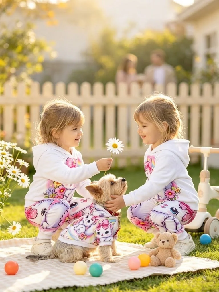 Toddler Girl Cartoon Cat Rainbow Print Hoodie Tracksuit 2Pcs Outfit Set, Pet Clothes Not Included