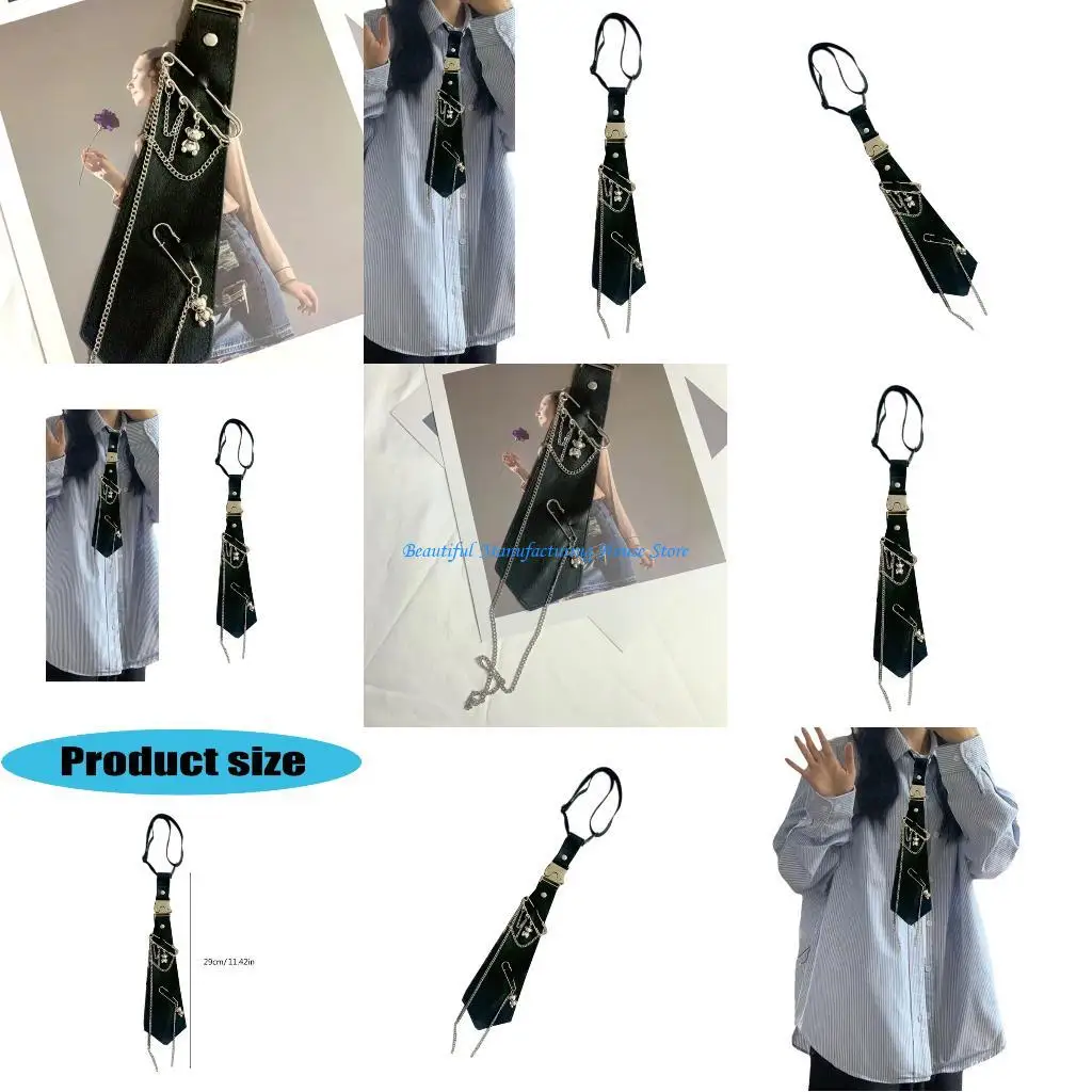 

E56A Punk Pre-tied Uniform Ties with Bear Metal Chain Girls School Uniforms