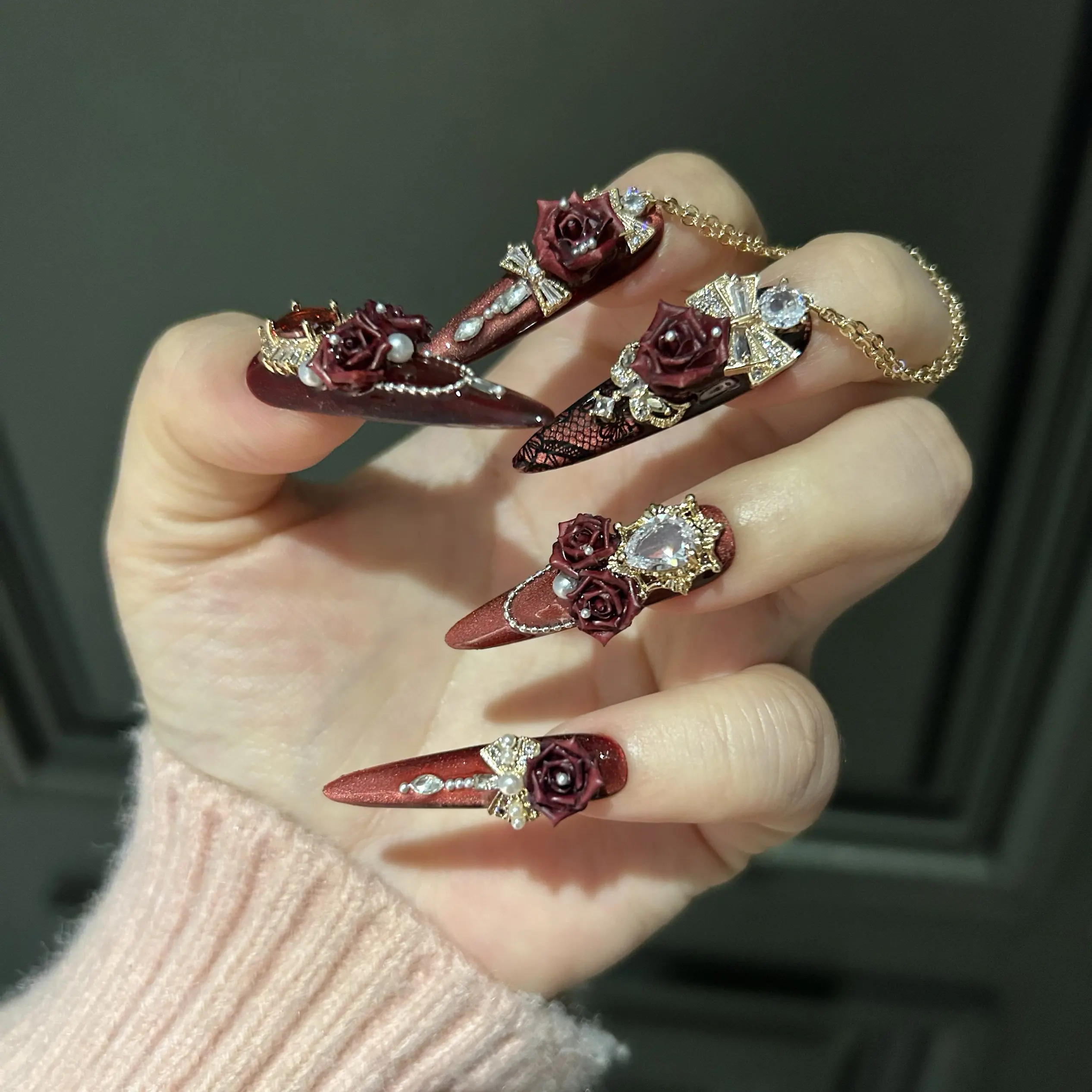 Burgundy Rose Vintage Palace Press On Nails Extra Long Stiletto Burgundy Cat-Eye Matte 3D Rose Crystal Rhinestone Metal Chain H