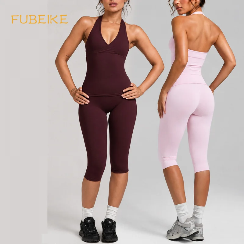 Women Halter Neck Yoga 2 Piece Set Beauty Back Sports Tank Top Knee Length Tight Leggings Outfit Outdoor Pilates Activewear
