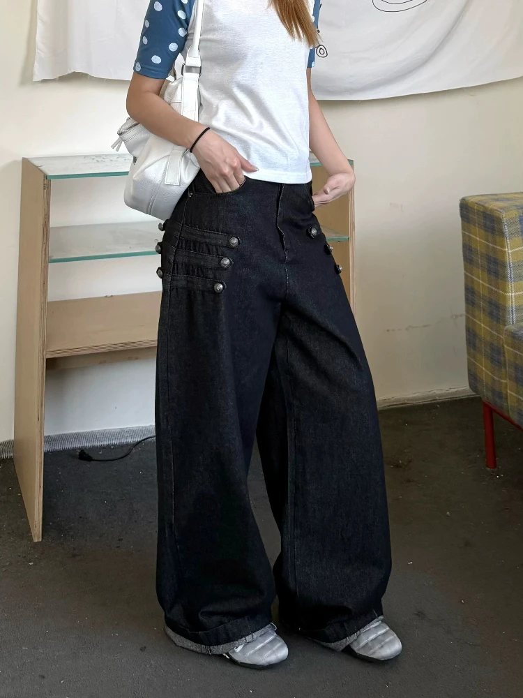Women American Retro Palace Style Button Fly Curved Banana Jeans Loose Wide Leg Floor‑Length Trousers Cleanfit Baggy Denim Pants