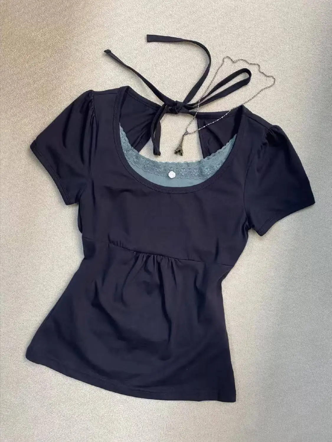 Summer Fake Two Pieces Halter Bandage Vintage T-shirts Y2k Aesthetic Slim Crop Tops Women Grunge Print Harajuku Casual Sexy Tee image 6