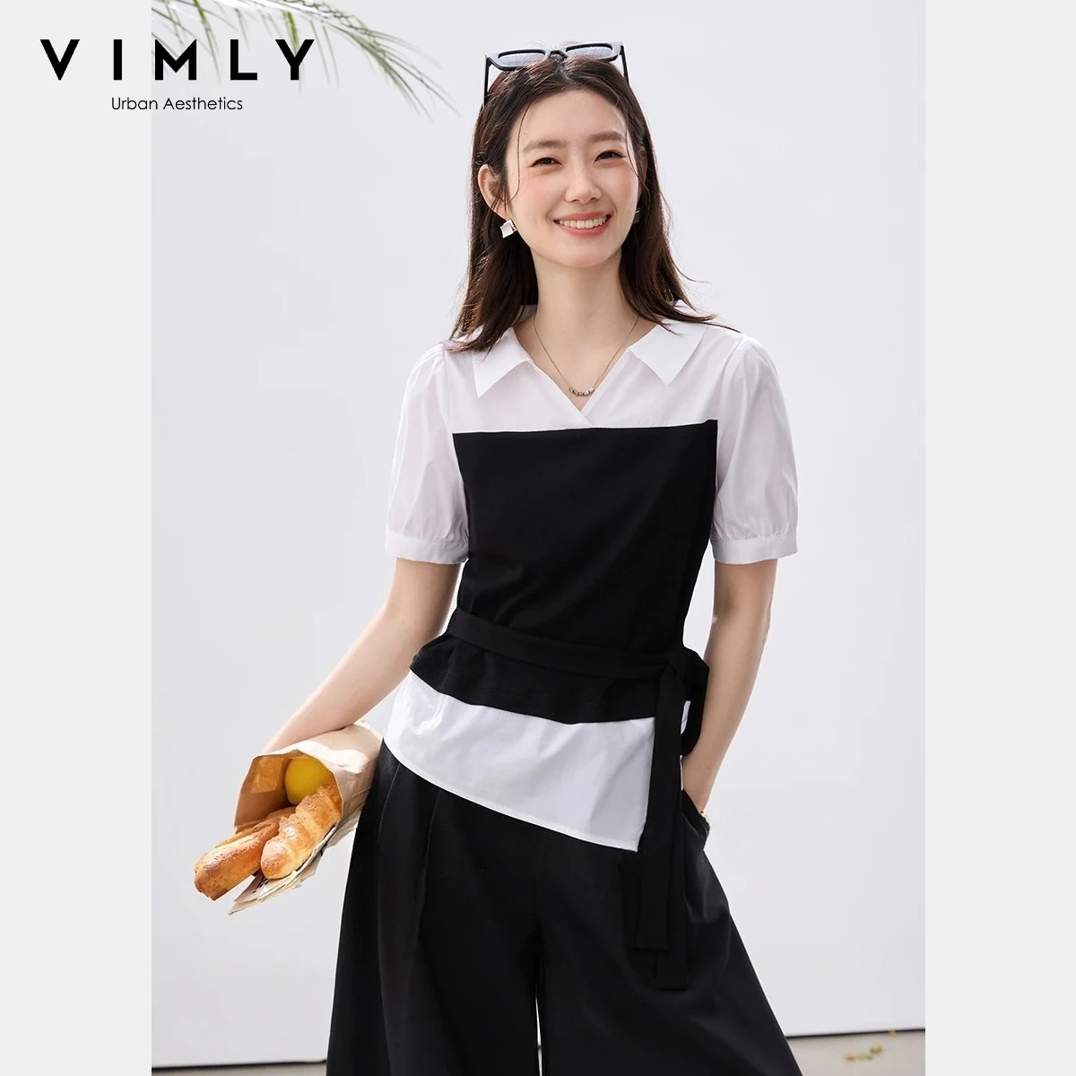 

VIMLY Women's Faux Two-Piece Blouse 2026 Summer New Commute Casual Color Block Lapel Collar Tie Waist Short Sleeve Shirt A6019