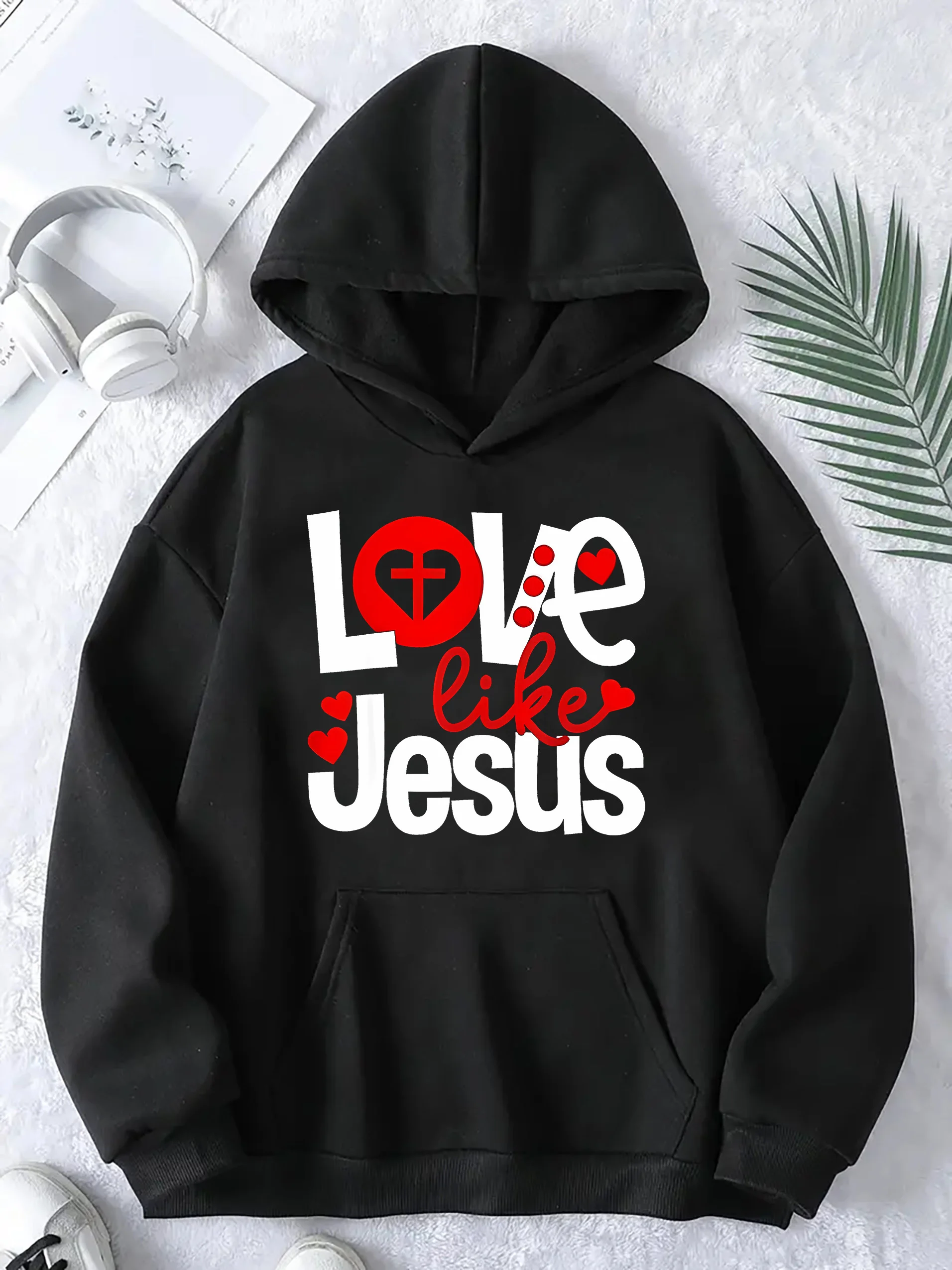 سترة بقلنسوة Love Like Jesus مع جيب الكنغر - سويت شيرت كاجوال منسوج للنساء، بوليستر، مريح لجميع المواسم، Un #1