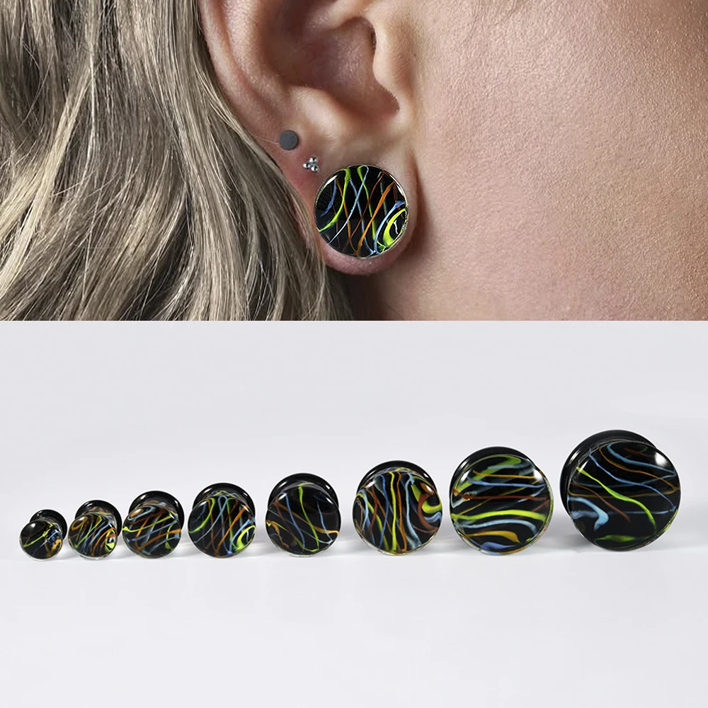 1PC Transparent Black Lines Glass Double Flare Ear Gauges Tunnels Plugs Flesh Stretcher Expander  Piercing Body Jewelry 8-25mm