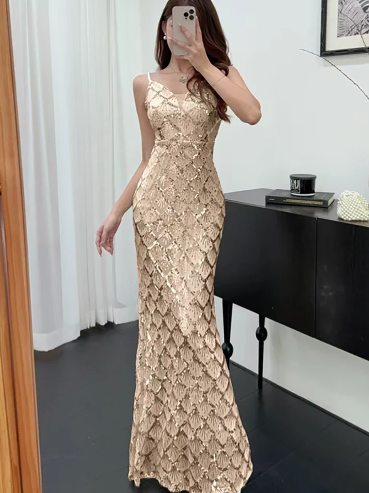 Printemps automne paillettes Plaid col en v Sexy robe à bretelles femmes élégant luxe danse robe de soirée 2025 coréen moulante à volants robes