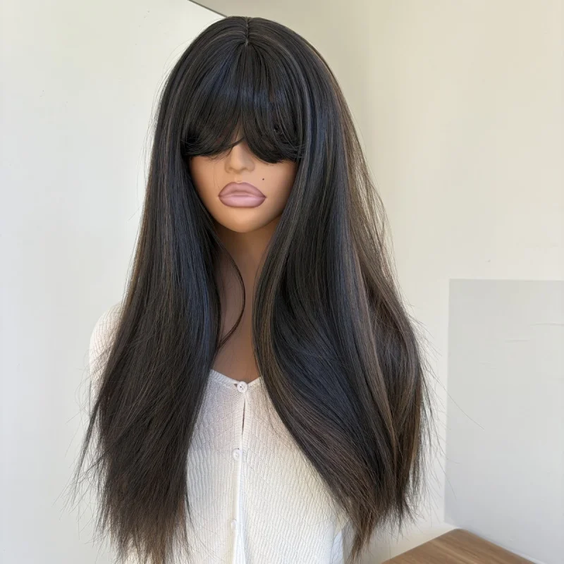 

Heat Resistant Synthetic Hair Dress Up Wigs With Bangs Black Brown Long Straight