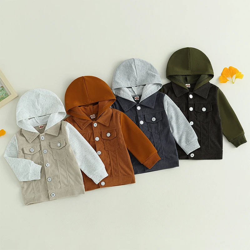 2023-06-22 Lioraitiin 0-4Years Toddler Boy Girl Fall Corduroy Jacket Casual Long Sleeve Button Down Lapel Coat Hoodie Outwear