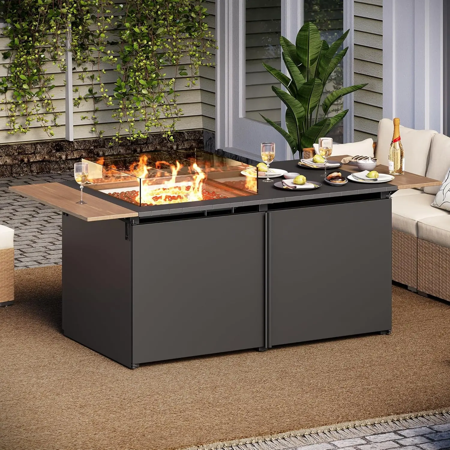 55,000 BTU Propane Firepit with Expandable Tabletop & Wind Guard