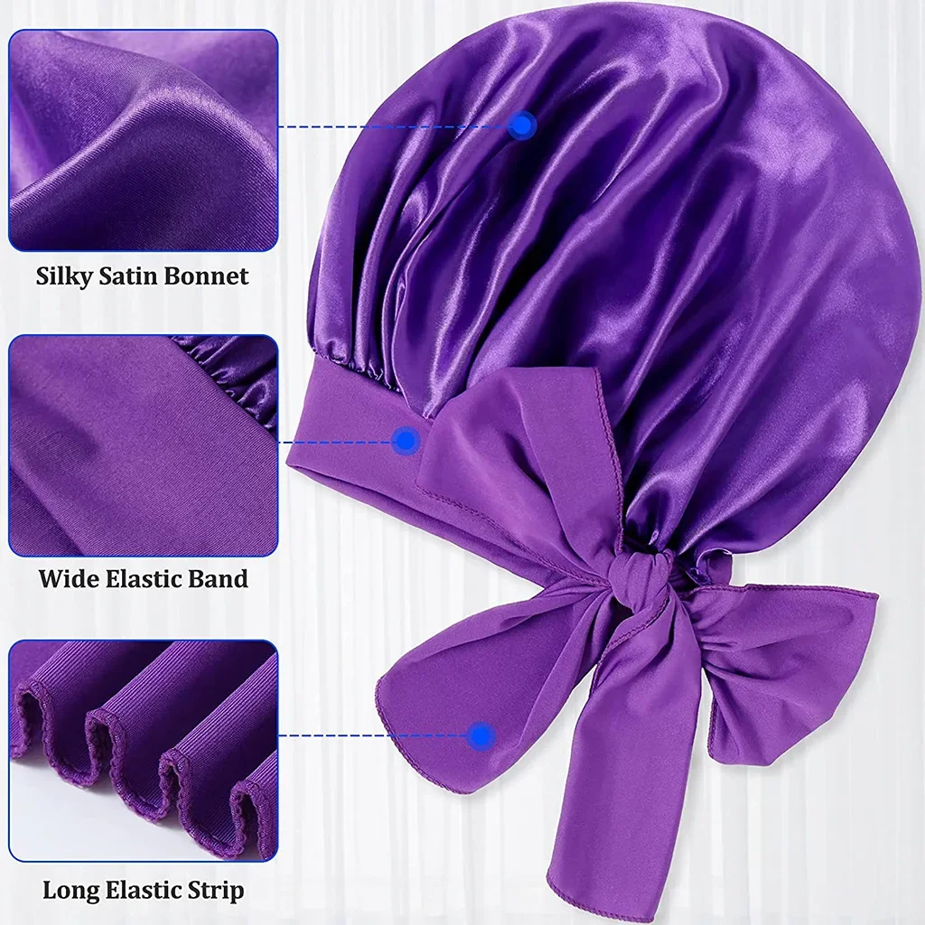 Women Bow Satin Sleeping Hat with Stretchy Tie Band Elastic Night Shower Cap Adjustable Solid Hair Head Cover Bonnet Turban