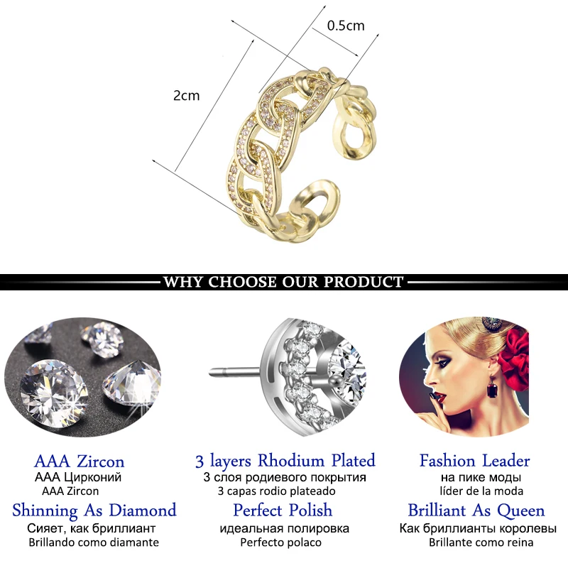 Luxury Geometry Cubic Zirconia Gold Color Adjustable Rings for Women Engagement Wedding Jewelry Ring