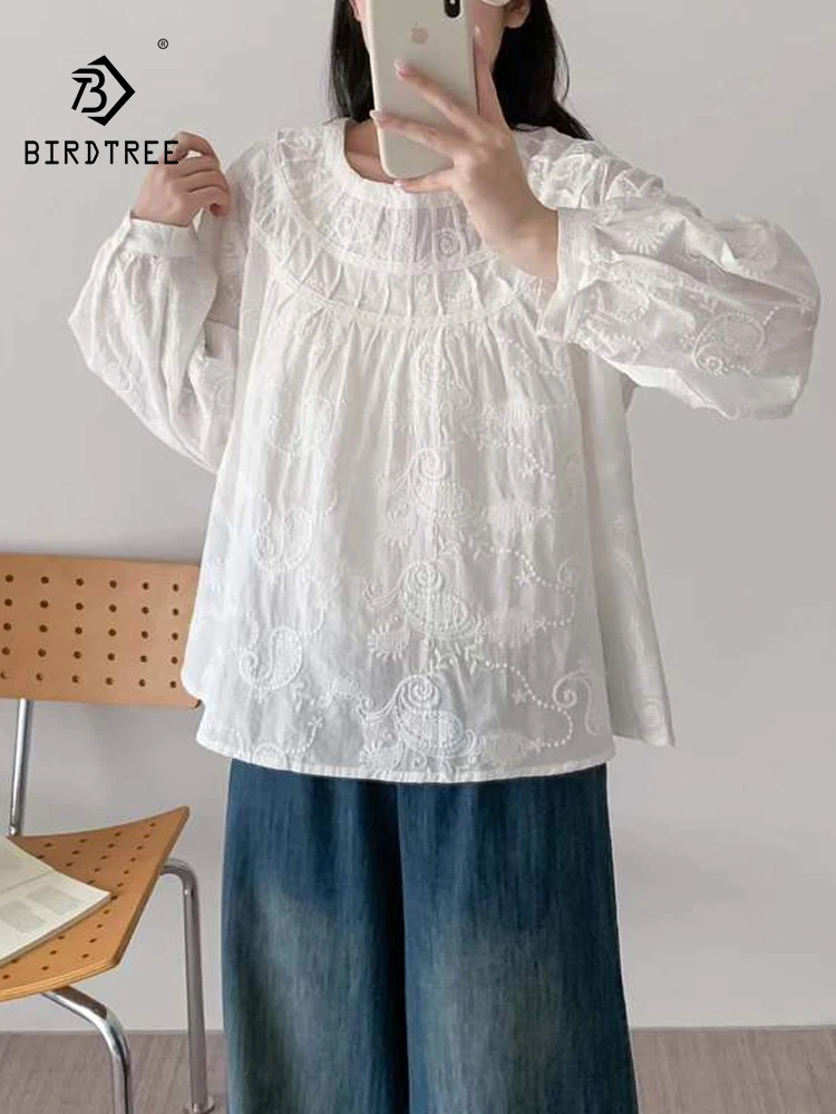 

Новая женская хлопковая рубашка с длинным рукавом Весна 2026, с вышивкой на круглом вырезе, в стиле Mori Girl, милый преппи-стиль, свободная блузка для повседневной носки T63950CC