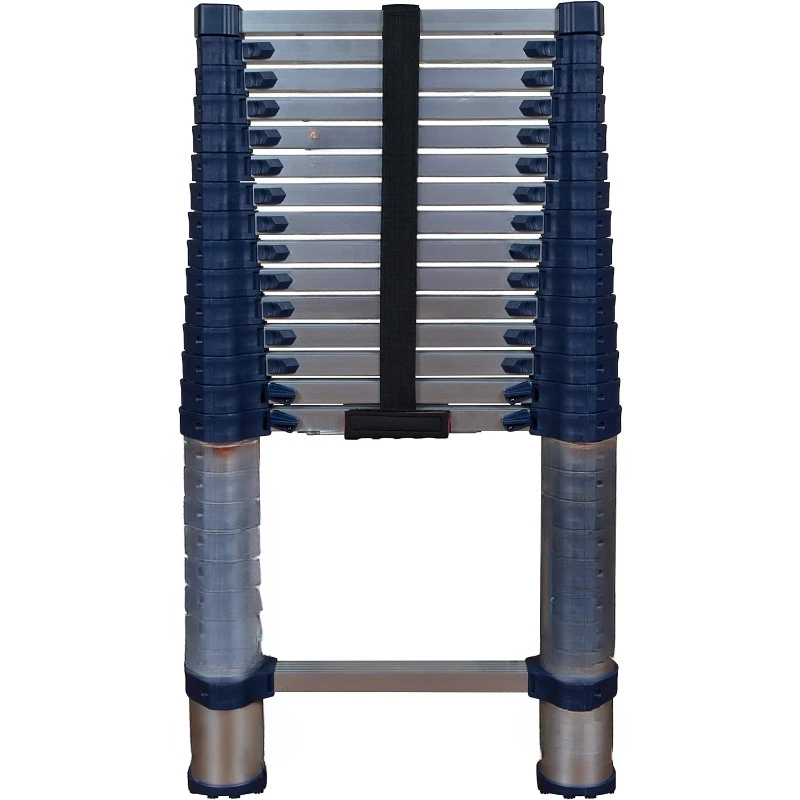 Telescoping Ladder Blue Extends Locks By The Foot with Easy No Pinch Closure System Featuring An Angled Thumb Release Heavy Duty