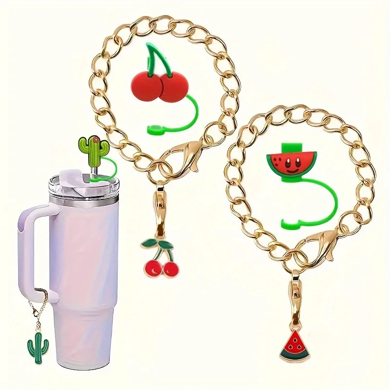 

2pcs/set Fruit Straw Covers Cap With Tumbler Charm, Cherry Watermelon Carrot And Leaf Cactus Straw Tips Cover Fruits